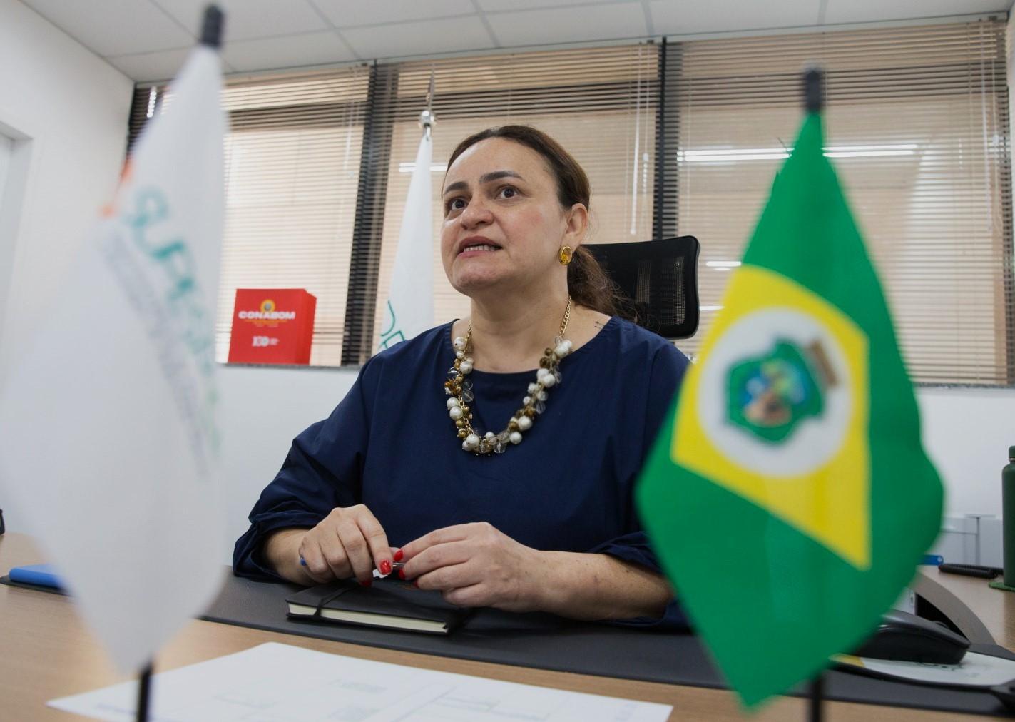 Imagem de Juliana Barroso, superintendente da Supesp, em uma reunião oficial, com bandeiras do Brasil e de uma entidade ambiental ao fundo, discutindo questões ambientais.