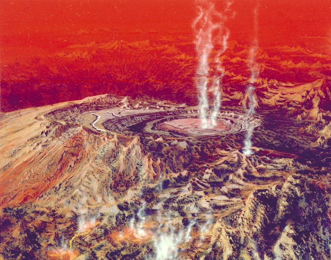 Ilustração mostra vulcões em erupção, em tons de vermelho, em concepção artística de como deve ser a superfície escaldante de Vênus.