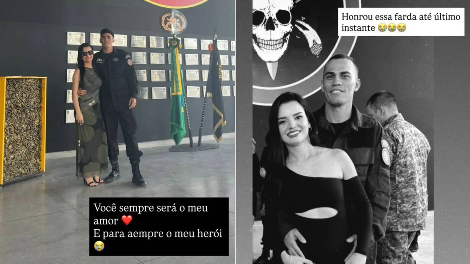 Colagem mostra imagens de Jéssica Araújo ao lado do marido Heber Carvalho da Fonseca, terceiro sargento Batalhão de Operações Policiais Especiais (Bope), durante cerimônias oficiais do Bope. Agente é um dos mortos em operação deflagrada contra o Comando Vermelho (CV) no Rio de Janeiro em 28 de outubro de 2025.