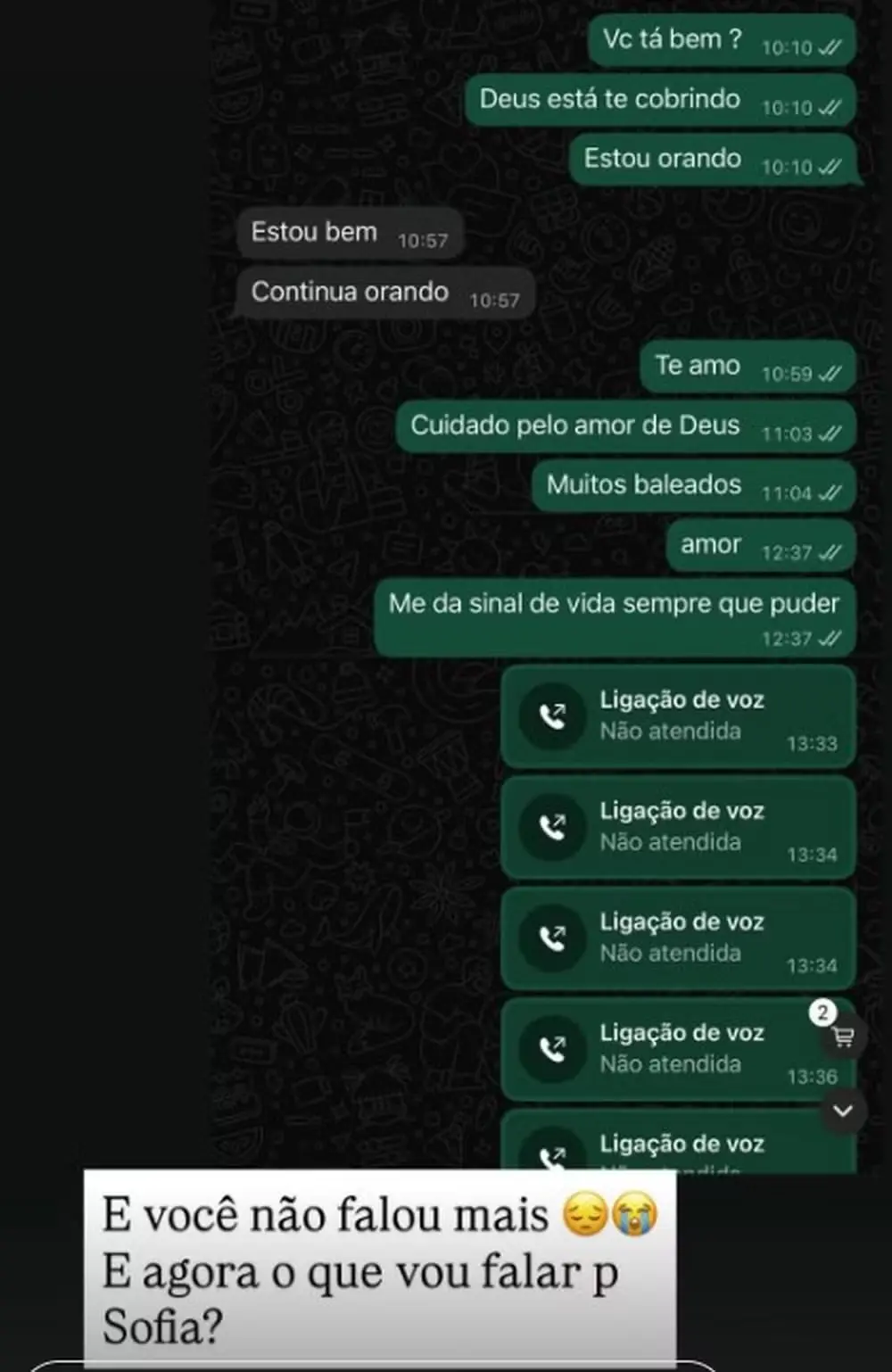 Imagem mostra última troca de mensagens entre mulher e sargento do Bope morto em operação no RJ, feita durante o confronto.