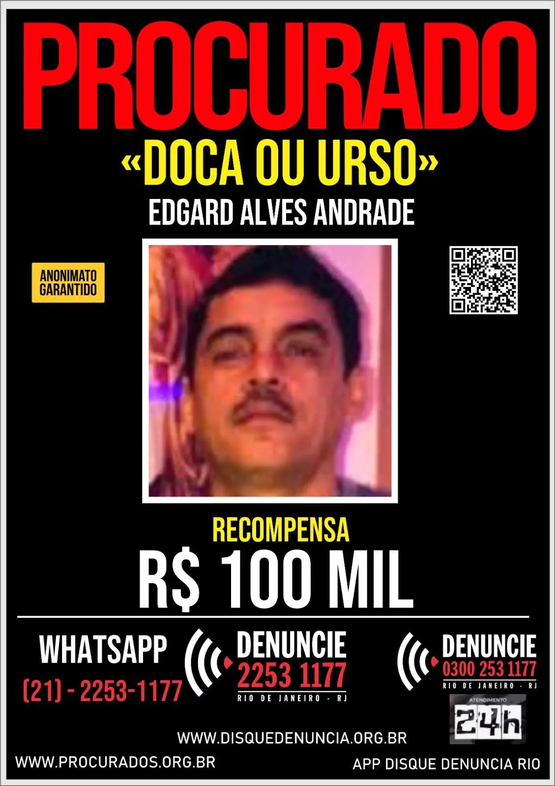 Foto de divulgação de recompensa de R$ 100 mil para quem localizar o líder da hierarquia do comando vermelho, Doca.