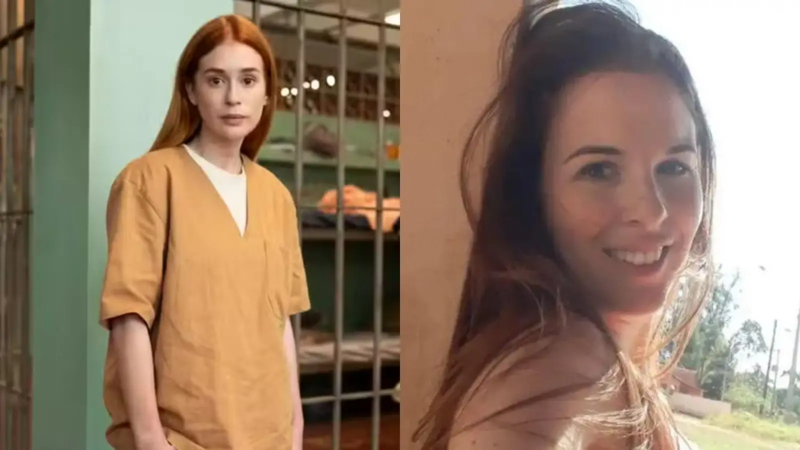Marina Ruy Barbosa e a verdadeira Suzane lado a lado em uma foto colagem para matéria sobre personagens mais notórios do país.