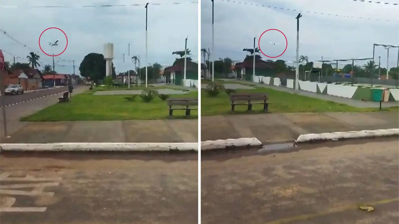 Imagens divididas mostram um avião de pequeno porte, drone, circulada em vermelho, sobrevoando uma praça e casas em uma área urbana sob céu nublado em baixa altitude antes de cair em Tocantins.
