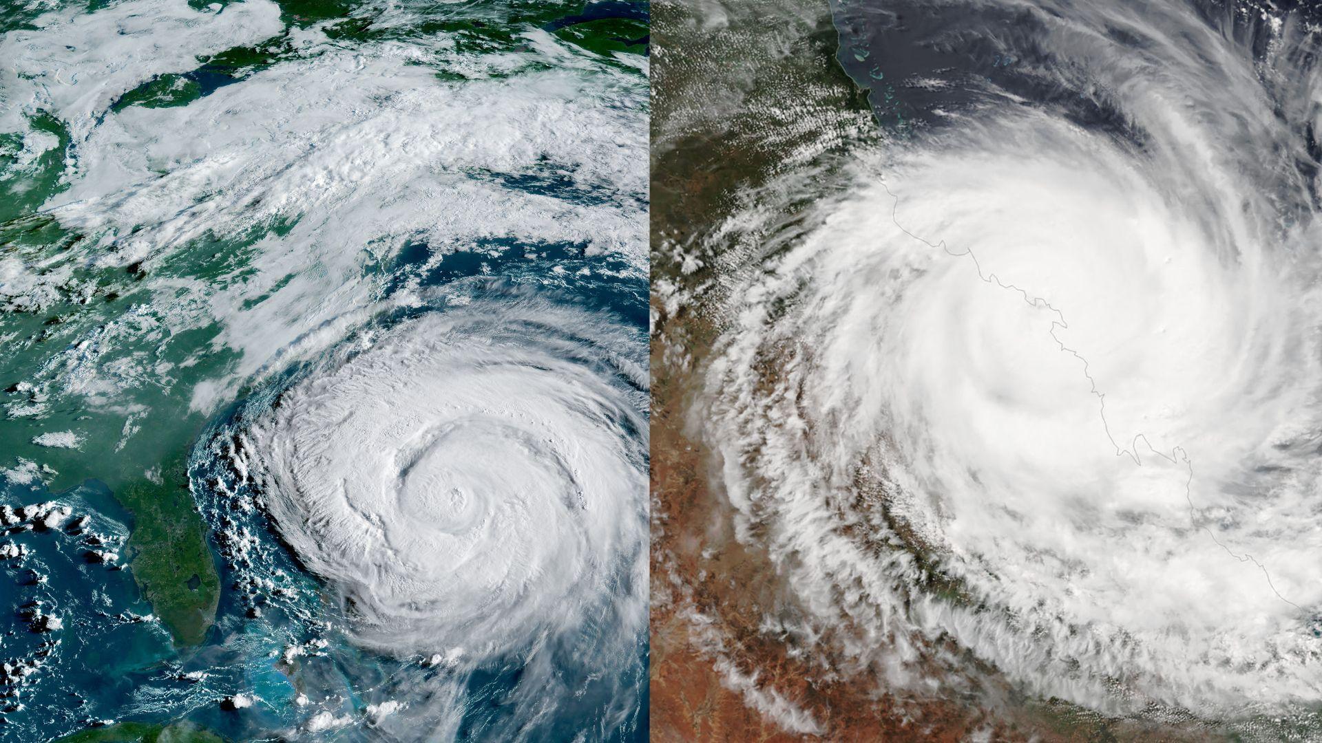 Imagem comparativa entre o furacão Erin e o ciclone Debbie.