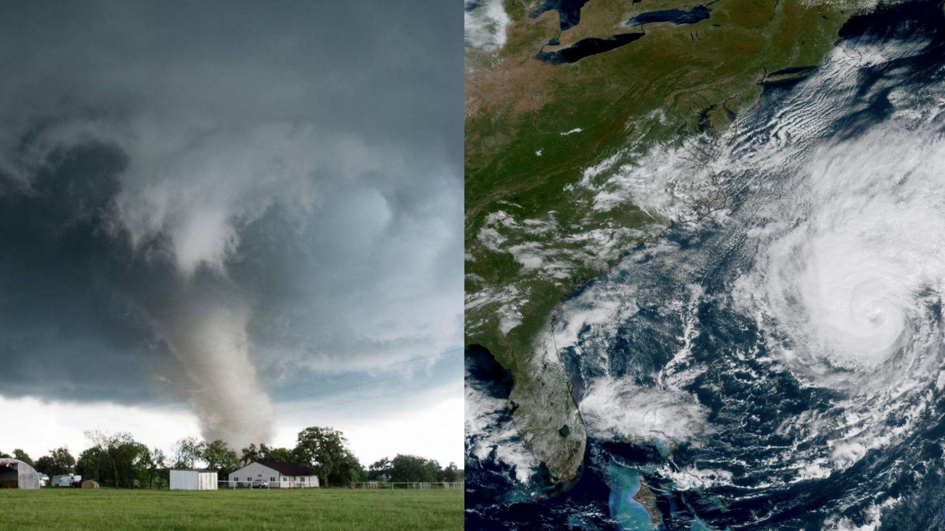 Imagem comparativa entre um tornado e um furacão.