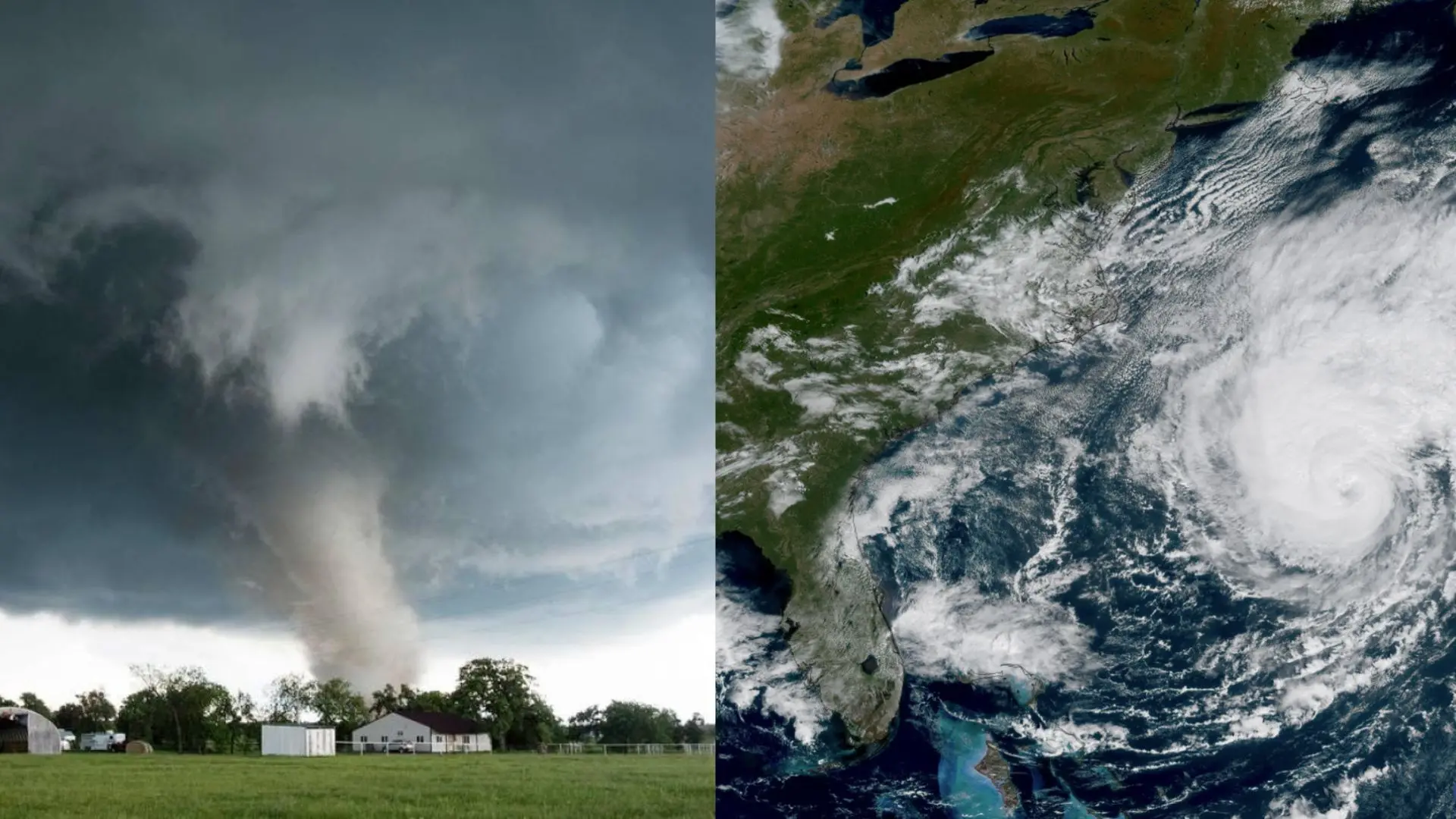 Imagem comparativa entre um tornado e um furacão.