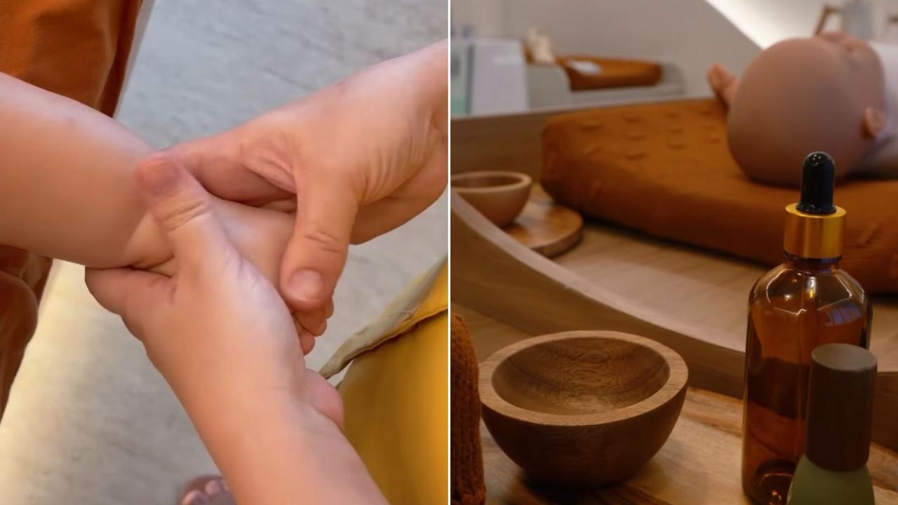 Montagem de fotos de spa voltado para bebês em Fortaleza, que oferece banhos e massagens.