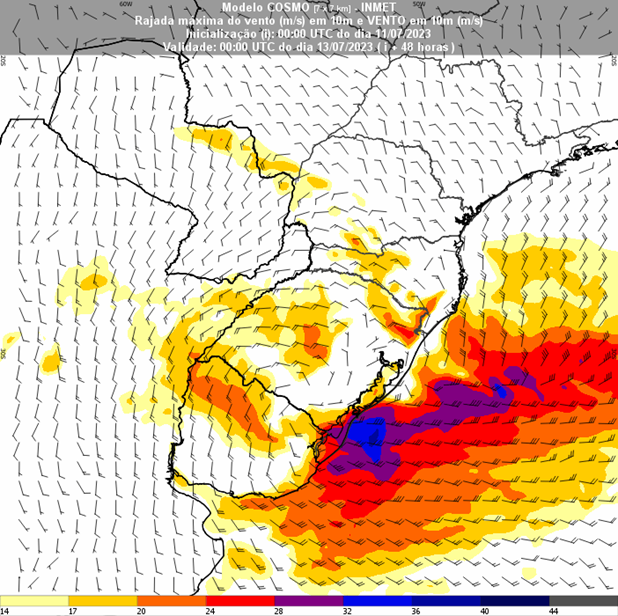 Imagem que mostra a formação de um ciclone extratropical próximo ao sul do Brasil.