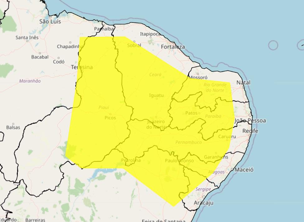 Mapa meteorológico do Nordeste do Brasil (reprodução INMET) destacando em amarelo uma grande área central do sertão e interior, cobrindo vários estados, para alertar sobre a baixa umidade relativa do ar.