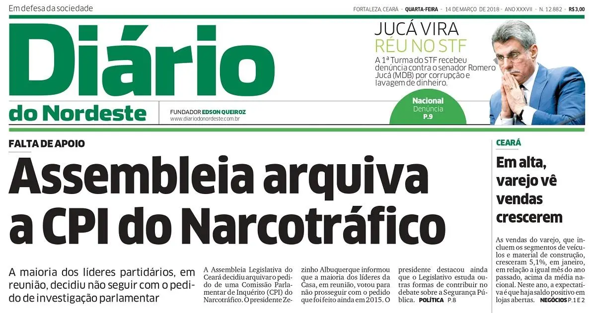 Capa do jornal Diário do Nordeste em 14 de março de 2018.