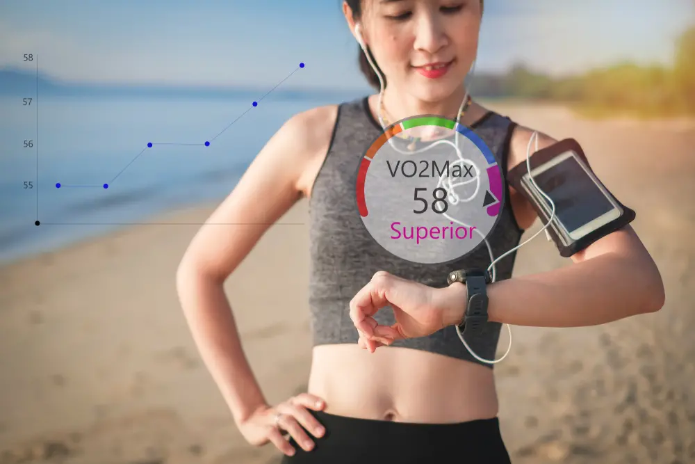 Mulher olhando relógio esportivo e métricas de VO2.