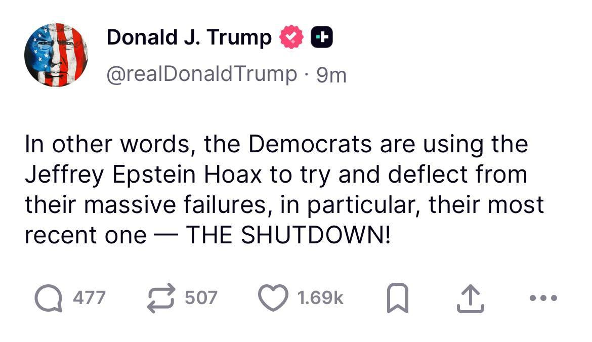 Print da mensagem publicada por Trump em sua rede social, a Truth Social. Imagem usada em matéria sobre e-mails de Jeffrey Epstein para presidente norte-americano.