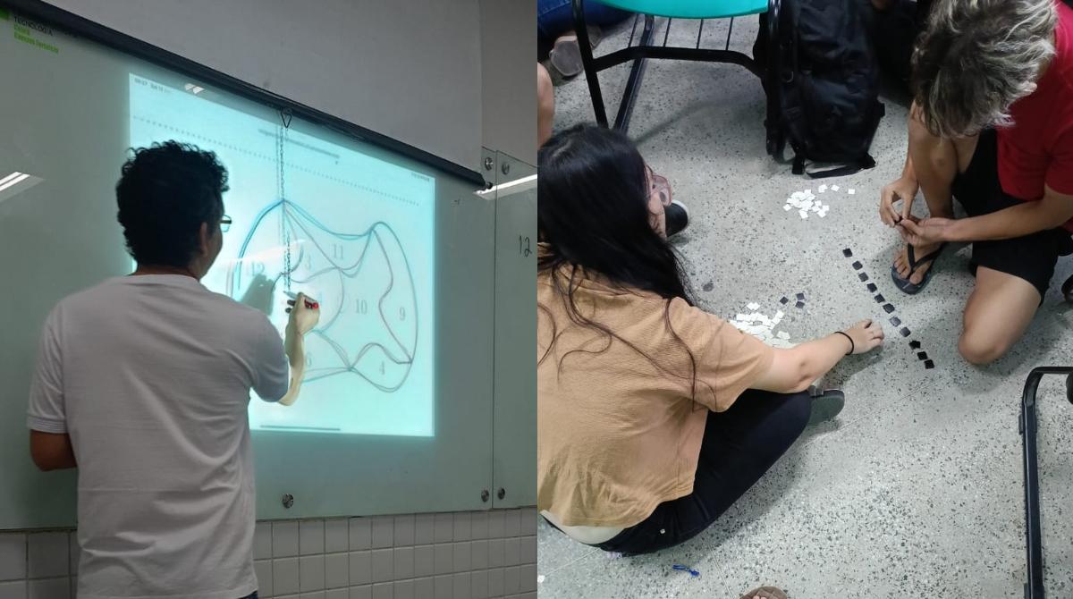 Montagem de duas fotos em um ambiente de sala de aula. À esquerda, um professor de costas escreve ou desenha em uma projeção de imagem em um quadro branco. À direita, dois alunos sentados no chão, um deles de costas, manipulam peças brancas e pretas, possivelmente em uma atividade ou jogo.