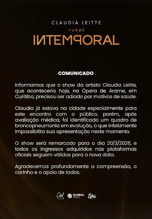 Claudia informou que uma nova data será anunciada para o show de Curitiba.