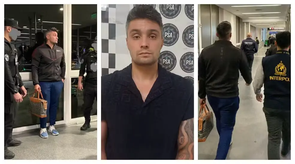 Na imagem, uma montagem de três fotos de Gabriel Spalone. A foto da esquerda mostra ele em pé em um aeroporto, vestindo uma jaqueta escura e calças jeans, segurando uma bolsa estampada. Ele está ladeado por dois seguranças. A foto central é uma foto policial ou de registro, onde ele está vestido com uma camisa polo escura, em frente a um fundo branco com logotipos da PSA (Polícia de Segurança Aeroportuária) da Argentina. A foto da direita mostra ele de costas, andando em um corredor de aeroporto, ainda segurando a bolsa, seguido por oficiais, um dos quais veste um colete da Interpol.