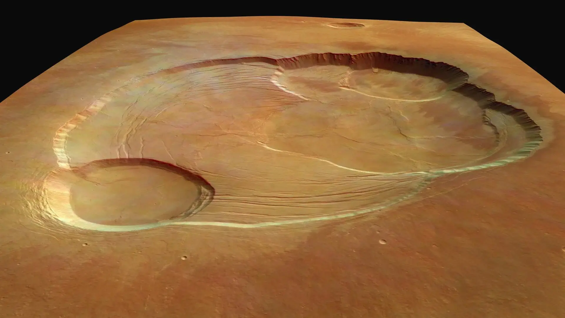 Imagem de aproximada da caldeira do vulcão Monte Olimpo em Marte.
