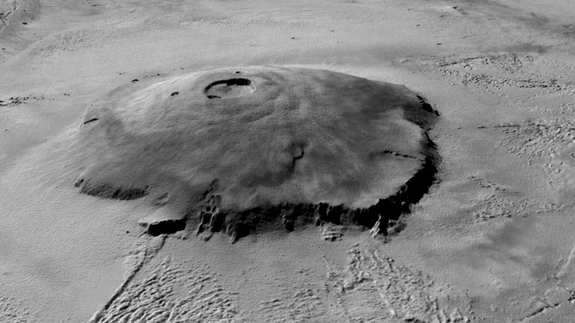 Visão 3D e do alto do Monte Olimpo em Marte, o maior do Sistema Solar.