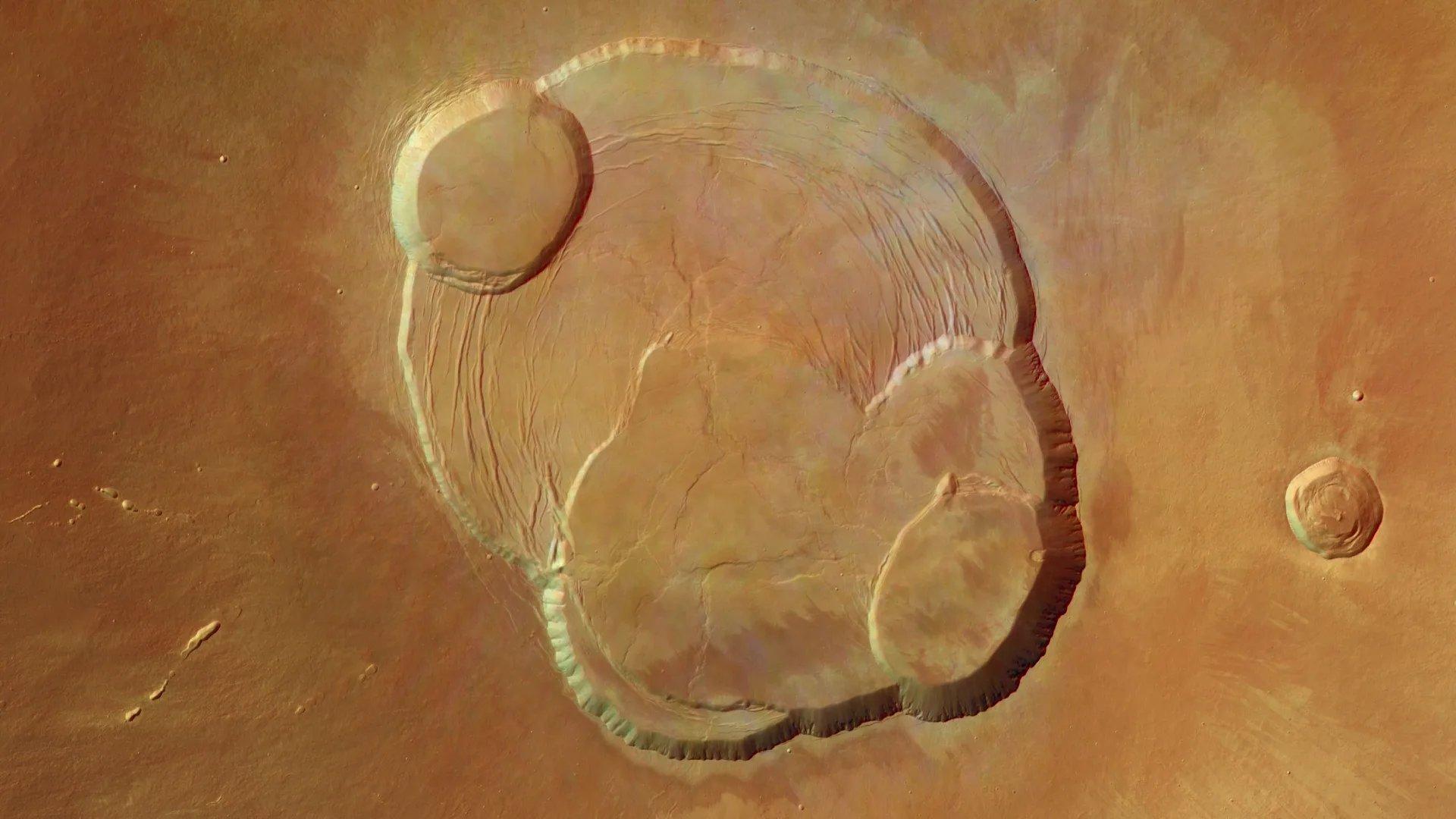 Visão superior do Monte Olimpo em Marte, o maior vulcão do Sistema Solar.