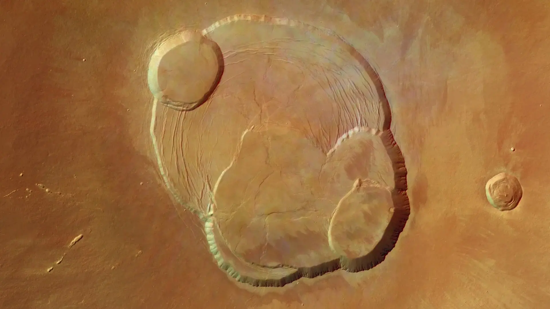 Visão superior do Monte Olimpo em Marte, o maior vulcão do Sistema Solar.