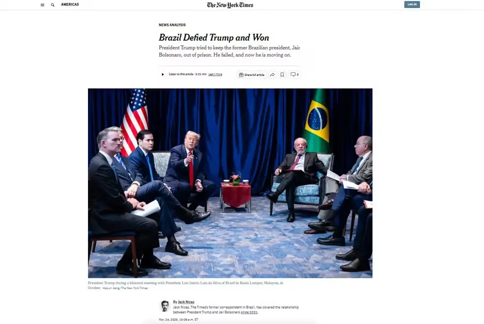 Captura de tela da capa do artigo do jornal New York Times onde diz que Brasil desafiou Trump e venceu.