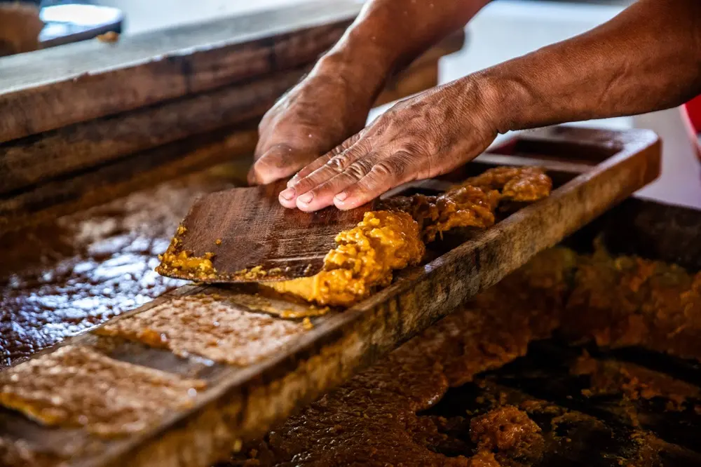 Na imagem, uma foto em close-up e com baixa profundidade de campo, mostrando duas mãos escuras usando uma pequena ferramenta de madeira para raspar ou espalhar o melaço de cana-de-açúcar espesso e de cor âmbar, que está sendo trabalhado em moldes rústicos de madeira para formar rapadura.