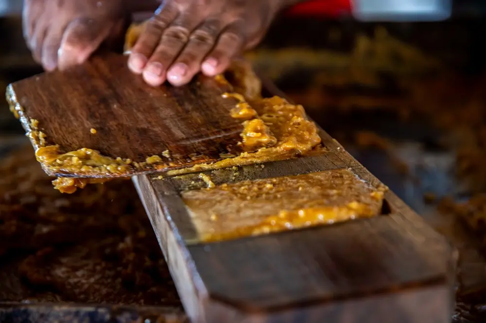 Na imagem, uma foto em close-up e com foco raso captura as mãos de um trabalhador moldando a rapadura. As mãos estão pressionando uma porção da massa ainda quente e maleável, de cor caramelo-dourada e textura granulada e pegajosa, dentro de uma forma de madeira rústica, escura e retangular. A massa está espalhada tanto na forma quanto na ferramenta de madeira que está sendo usada para pressioná-la. O fundo da imagem está borrado, mas mostra mais massa de rapadura. A cena documenta uma etapa manual do processo de fabricação do doce.