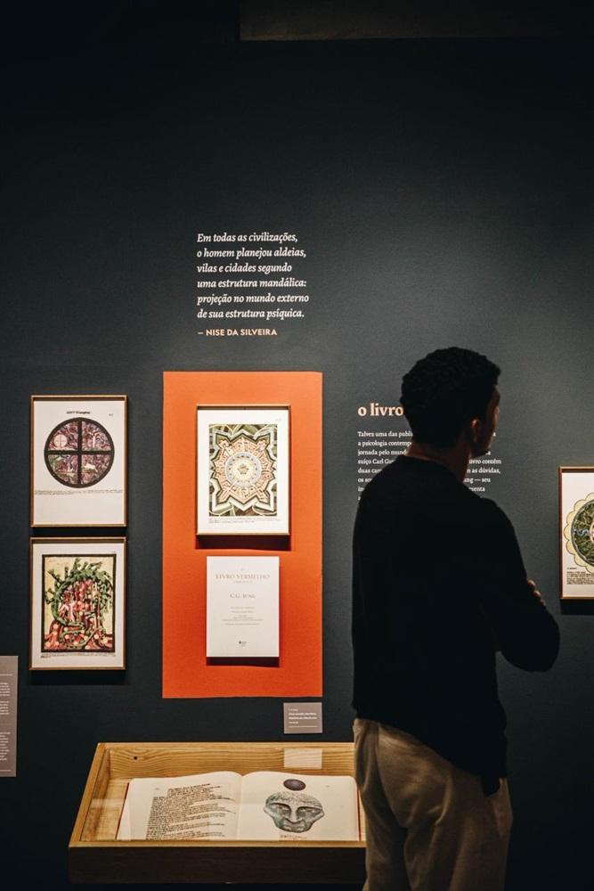 Na imagem, um homem em silhueta, de camisa preta e calças claras, está parado em frente a um painel de exposição de cor escura, olhando para os itens em exibição. No centro da parede, em uma moldura vertical de fundo laranja, está o livro 