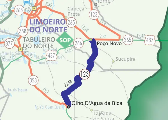 Mapa ilustrativo do estado do Ceará com CE-123 marcada em azul.