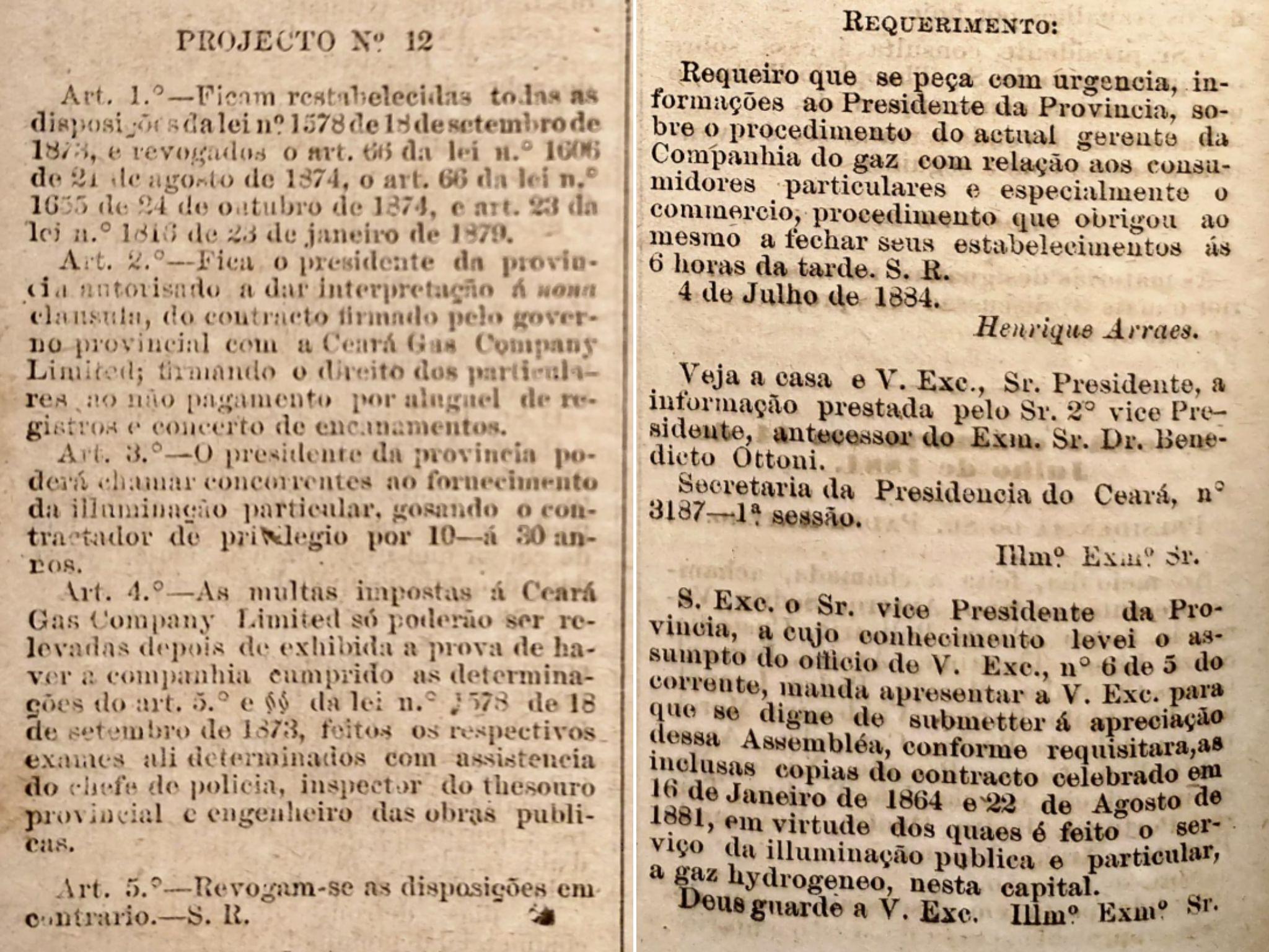 Projeto e requerimento apresentados pelo deputado contra desmandos da Ceará Gás em 14 de julho de 1884.