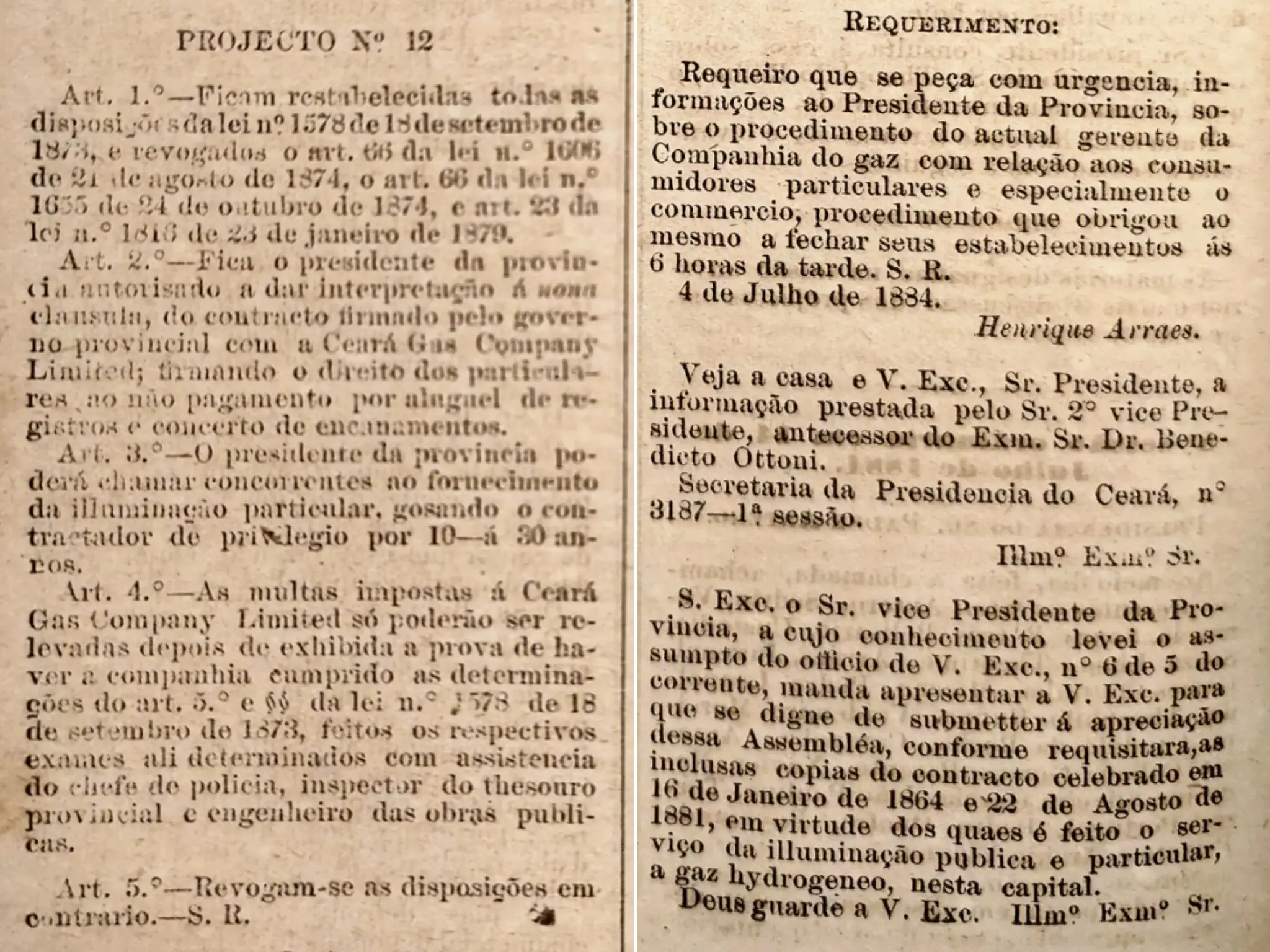 Projeto e requerimento apresentados pelo deputado contra desmandos da Ceará Gás em 14 de julho de 1884.