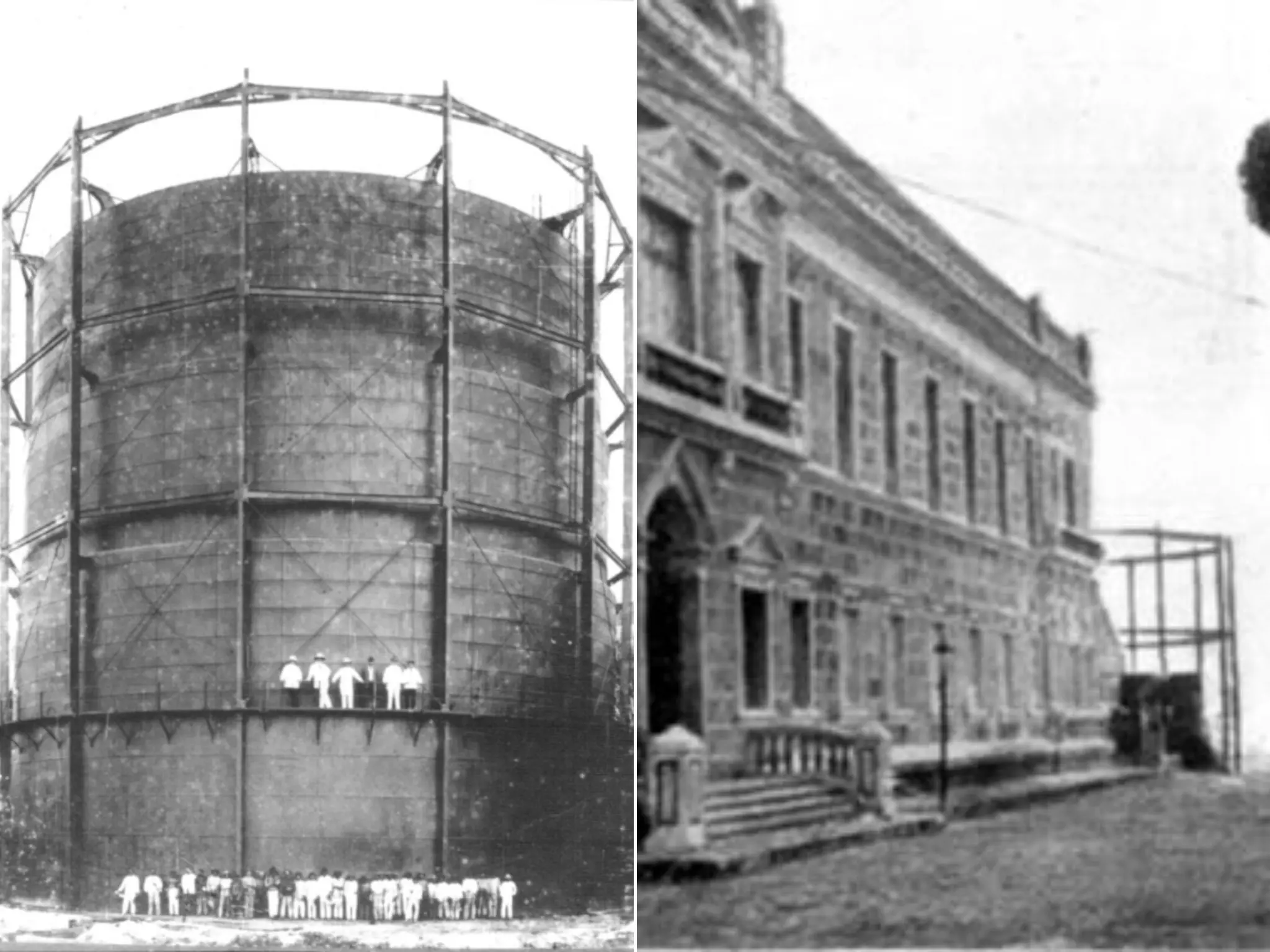 Gasômetro instalado próximo ao prédio da Santa Casa para distribuição ligada à iluminação pública em Fortaleza.