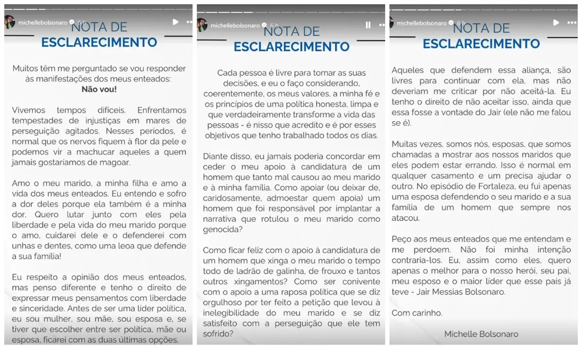 Montagem com três capturas de tela de uma nota de esclarecimento publicada nos stories de rede social. O texto, dividido em três partes, aparece em fundo claro com o título “NOTA DE ESCLARECIMENTO” no topo. Michelle Bolsonaro aborda questões familiares, menciona críticas recebidas, defende seu posicionamento político e faz apelos à família, encerrando a mensagem com uma assinatura.