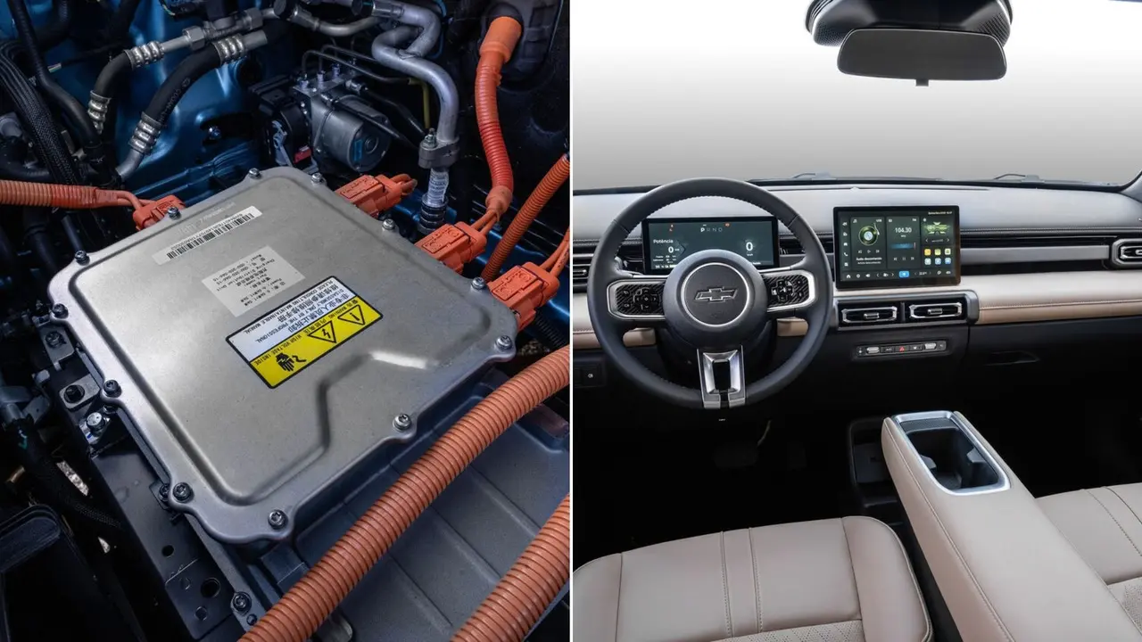 Montagem de fotos do motor de da parte interna do Chevrolet Spark, que será produzido no Polo Automotivo do Ceará.