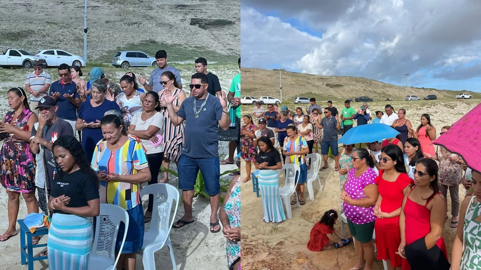 Moradores rezando próximo à capela dedicada a Maria Adélia.