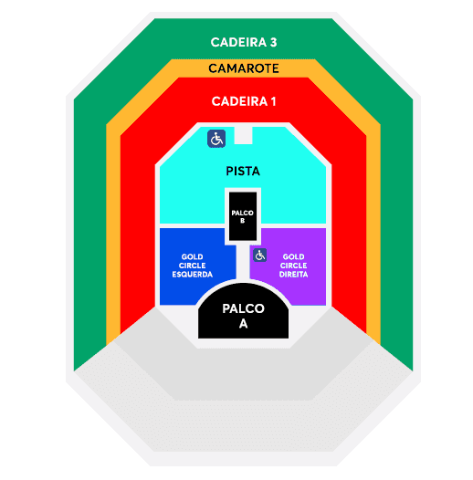 Imagem mostra mapa ilustrativo da divisão setores do show de Rosalía no Brasil em 2026. Apresentação acontece em 10 de agosto, de 2026, na Farmasi Arena, localizada no Rio de Janeiro.