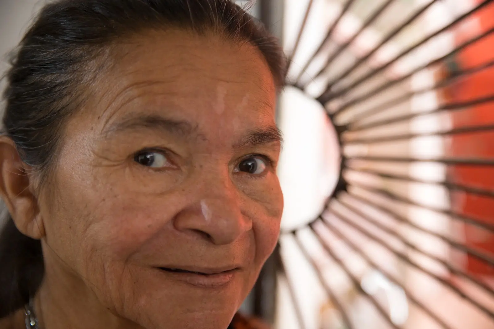 Na imagem, retrato em close-up do rosto de uma mulher brasileira mais velha, de pele morena, olhando diretamente para a câmera com um leve sorriso ou expressão serena. O fundo, à direita, está desfocado, mas é claramente visível uma estrutura com raios ou hastes escuras que se projetam de um ponto central claro, com áreas em tons de vermelho e esbranquiçado (parecido com um ventilador ou um padrão de sol).