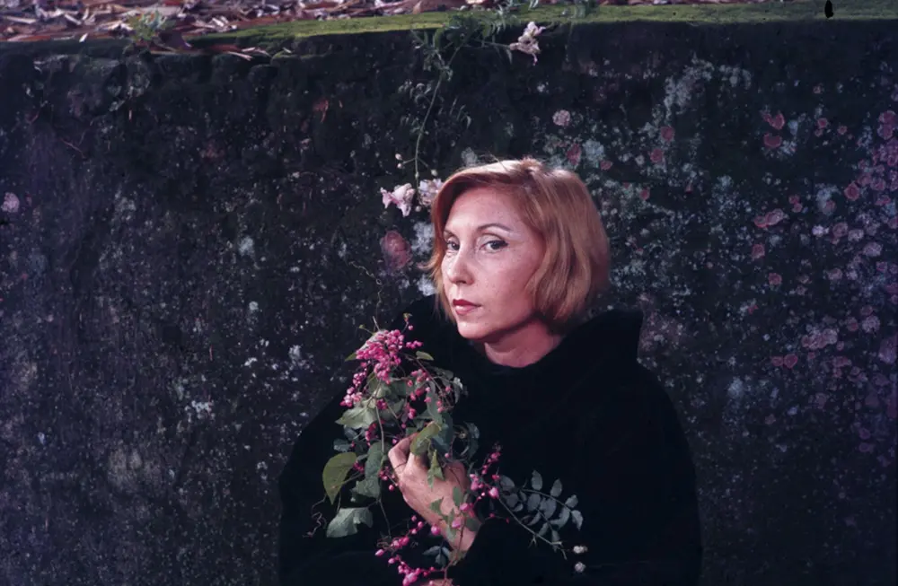 Na imagem, retrato colorido da escritora Clarice Lispector, tirado por Maureen Bisilliat. Clarice está em primeiro plano, com cabelos curtos e ruivos, vestindo uma roupa escura que contrasta com sua pele clara. Ela segura um ramo de flores com pequenas inflorescências cor-de-rosa, que cobre parte de seu colo e ombro. Ao fundo, há um muro de pedra coberto por musgo escuro e manchas rosa-claro ou lilás. A expressão da escritora é séria e introspectiva.