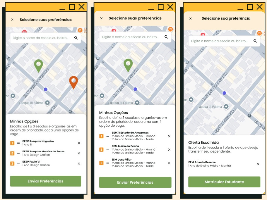 Três telas de aplicativo mostrando o processo de seleção de escolas e vagas. A primeira tela exibe a busca por escolas em um mapa, a segunda mostra uma lista de três opções de escolas selecionadas com seus respectivos turnos e a terceira confirma a Oferta Escolhida para matrícula.