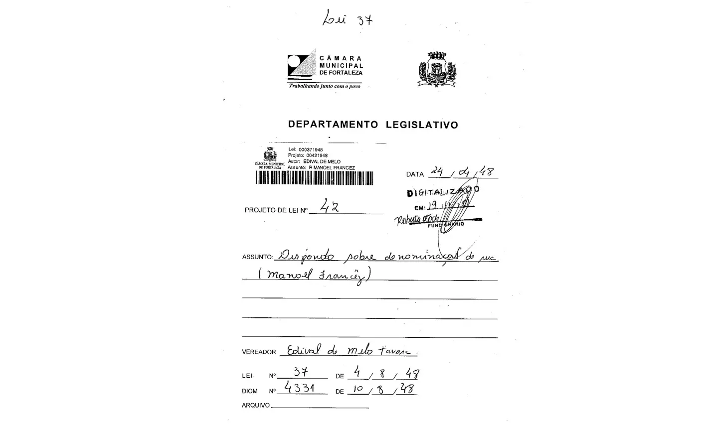 Documento digitalizado de alteração de nome de rua no bairro.