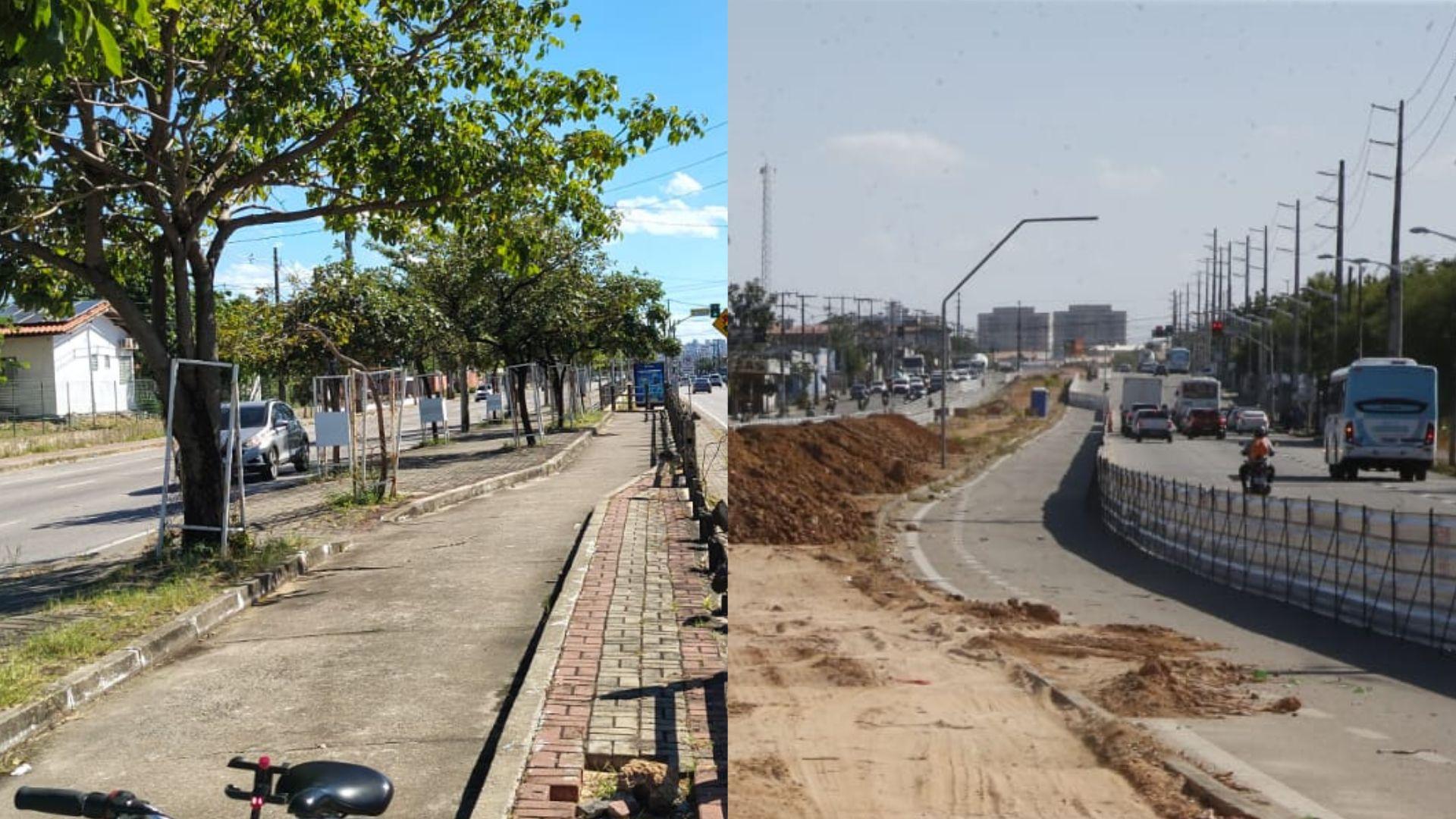 Imagem comparativa de uma calçada e uma pista de trânsito em construção na cidade, destacando melhorias na infraestrutura urbana para maior segurança e mobilidade urbana.