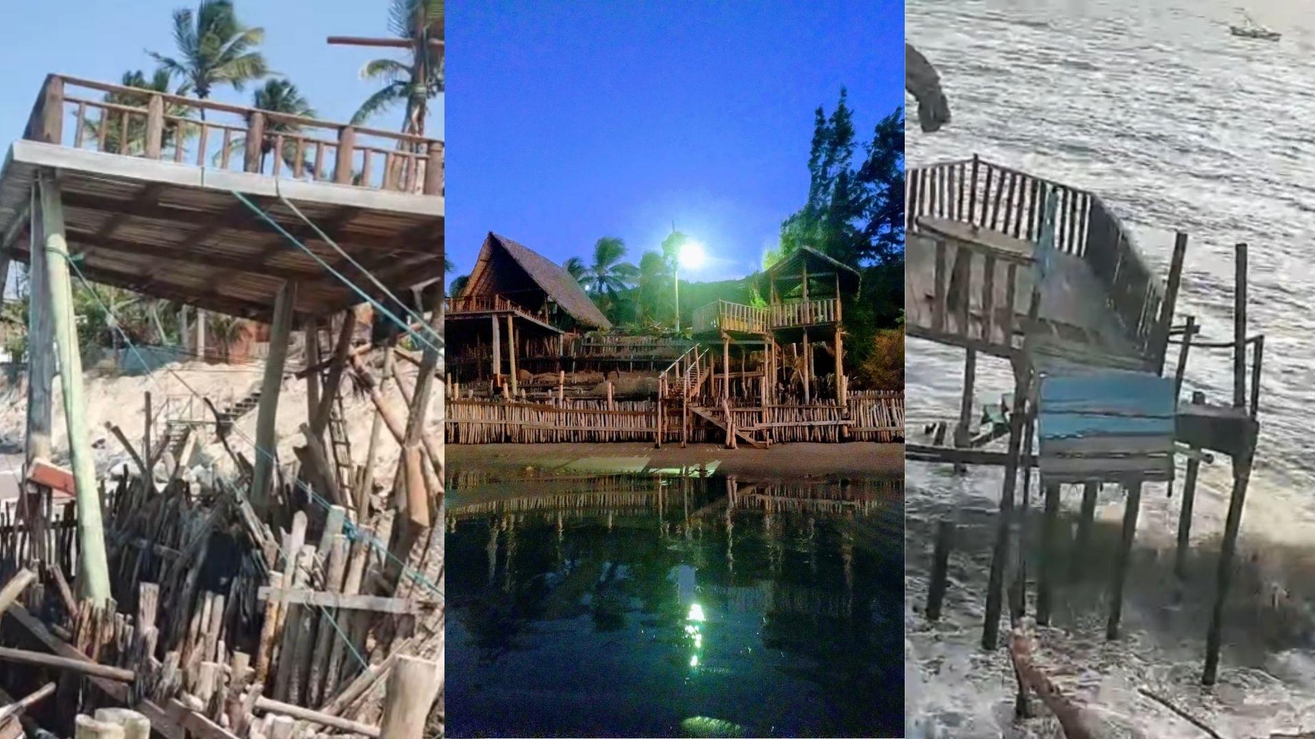 As imagens mostram a Pousada do Alciano antes e depois do avanço da erosão. No registro central, a estrutura aparece intacta, com varandas elevadas e acesso à praia. Já nas fotos laterais, partes da pousada estão retorcidas, suspensas sobre a água ou sem apoio, evidenciando o colapso de pilares e o impacto direto do mar sobre a construção.