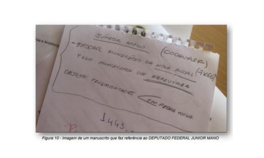 Trecho de uma folha de anotação da servidora investigada pela PF em que ela cita Junior Mano.