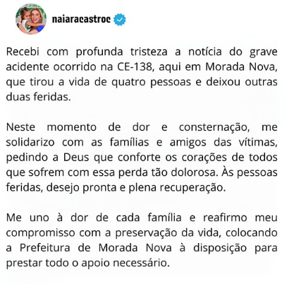 Imagem de uma publicação de Najara Astrocc referente a um acidente na CE-138, Morada Nova, com mensagem de solidariedade às vítimas e informações sobre apoio às famílias.