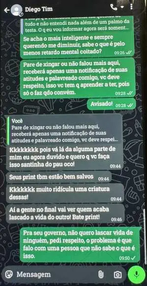 Print de ameaças de autor de feminicídio, Diego Almeida Castro.