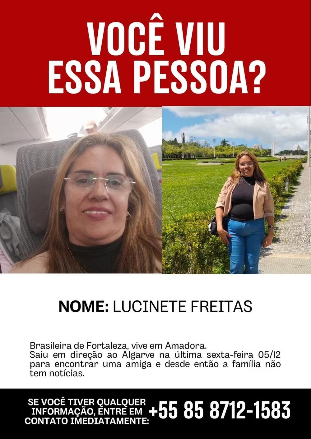 A imagem mostra um cartaz sobre uma mulher nascida no Ceará, que está desaparecida em Portugal.