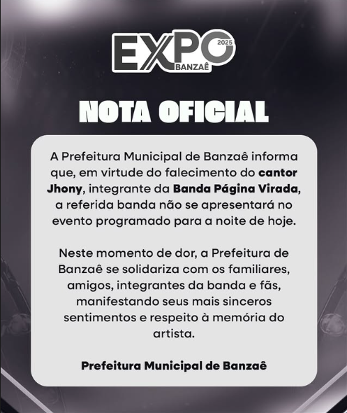 Nota da Prefeitura com fundo arroxeado, logo escrito 