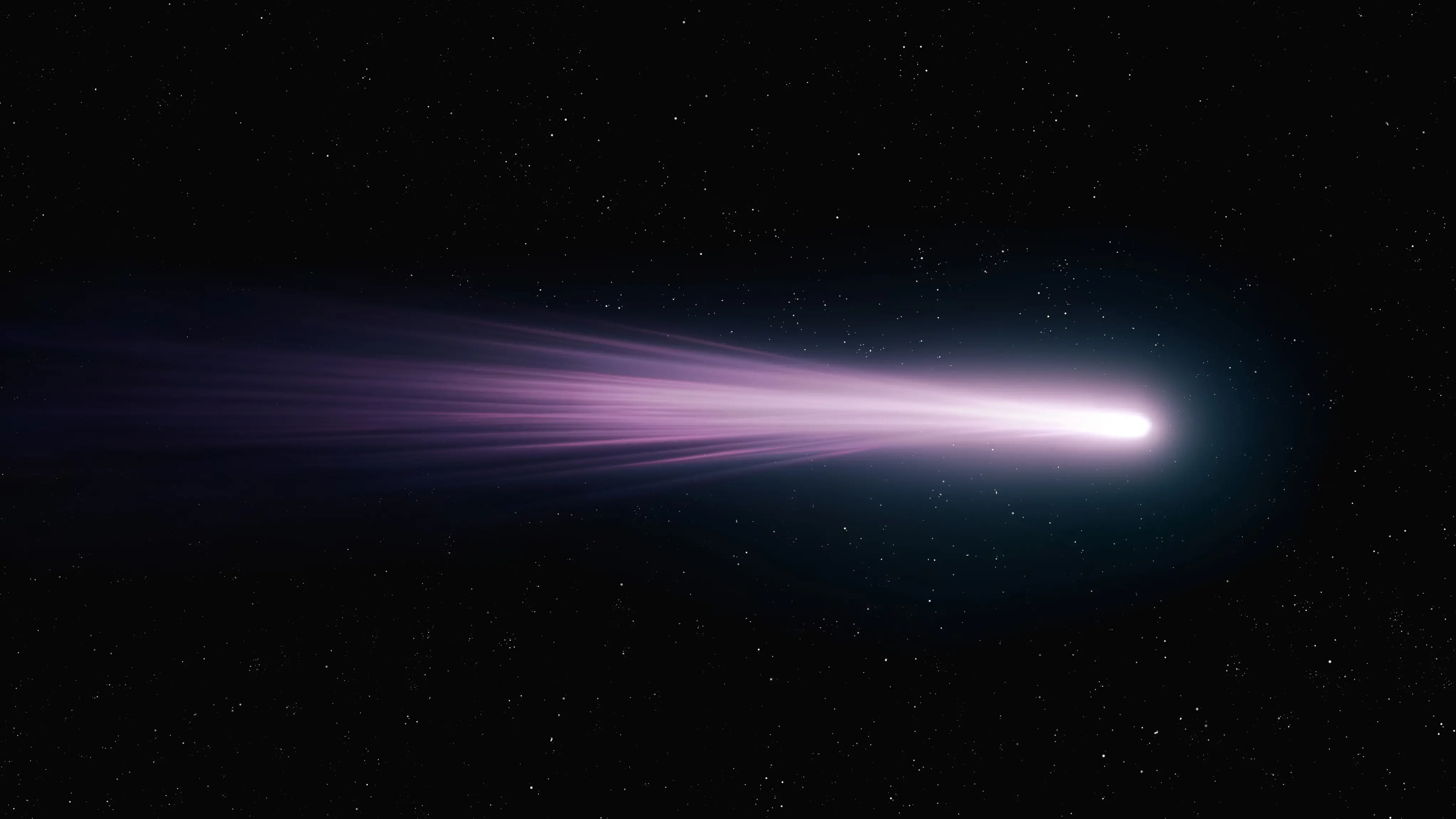Cometa com núcleo brilhante e um longo rastro em tons de roxo e violeta atravessando o espaço sideral estrelado.