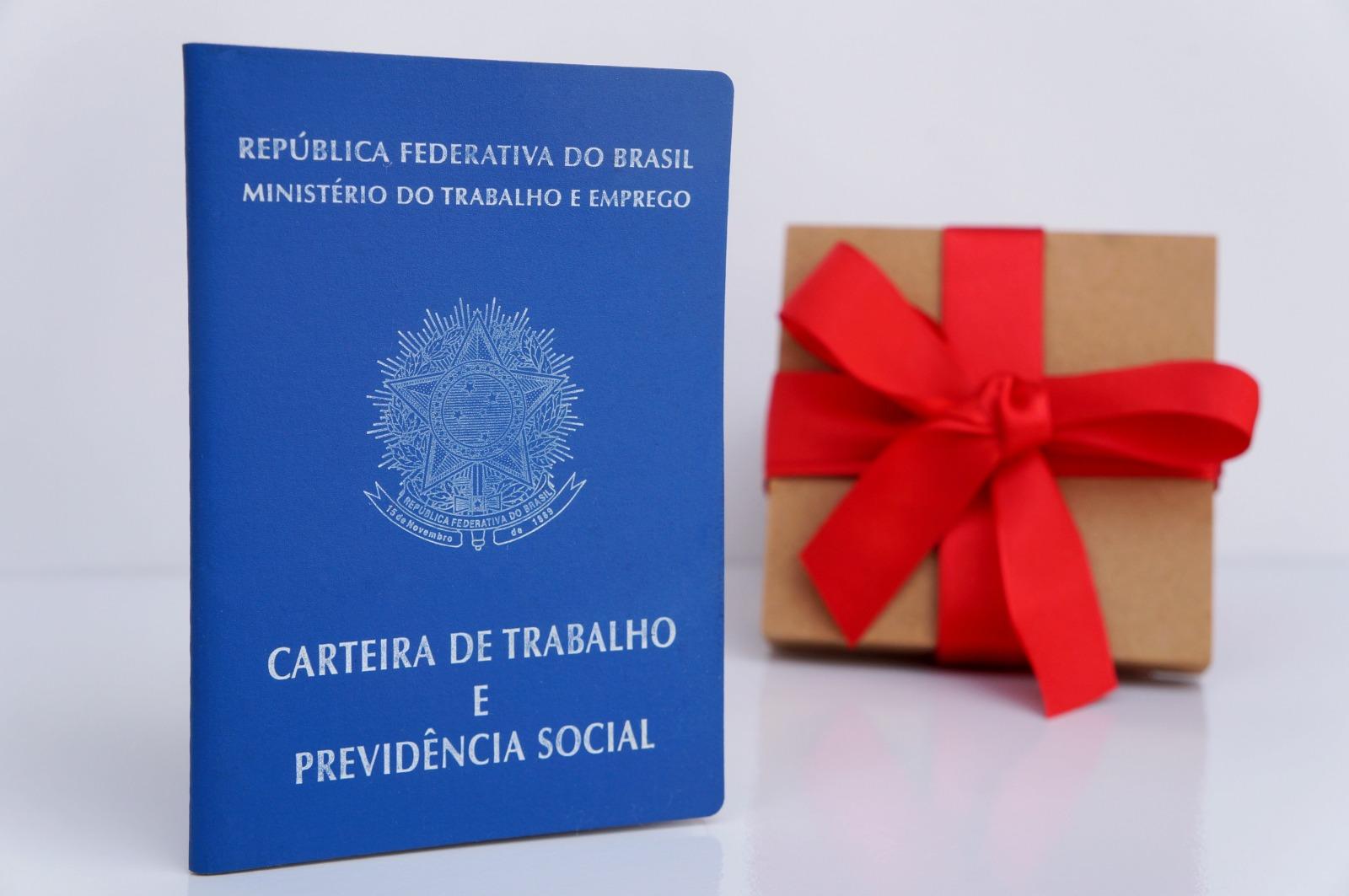 Carteira de trabalho com um presente de Natal no fundo.