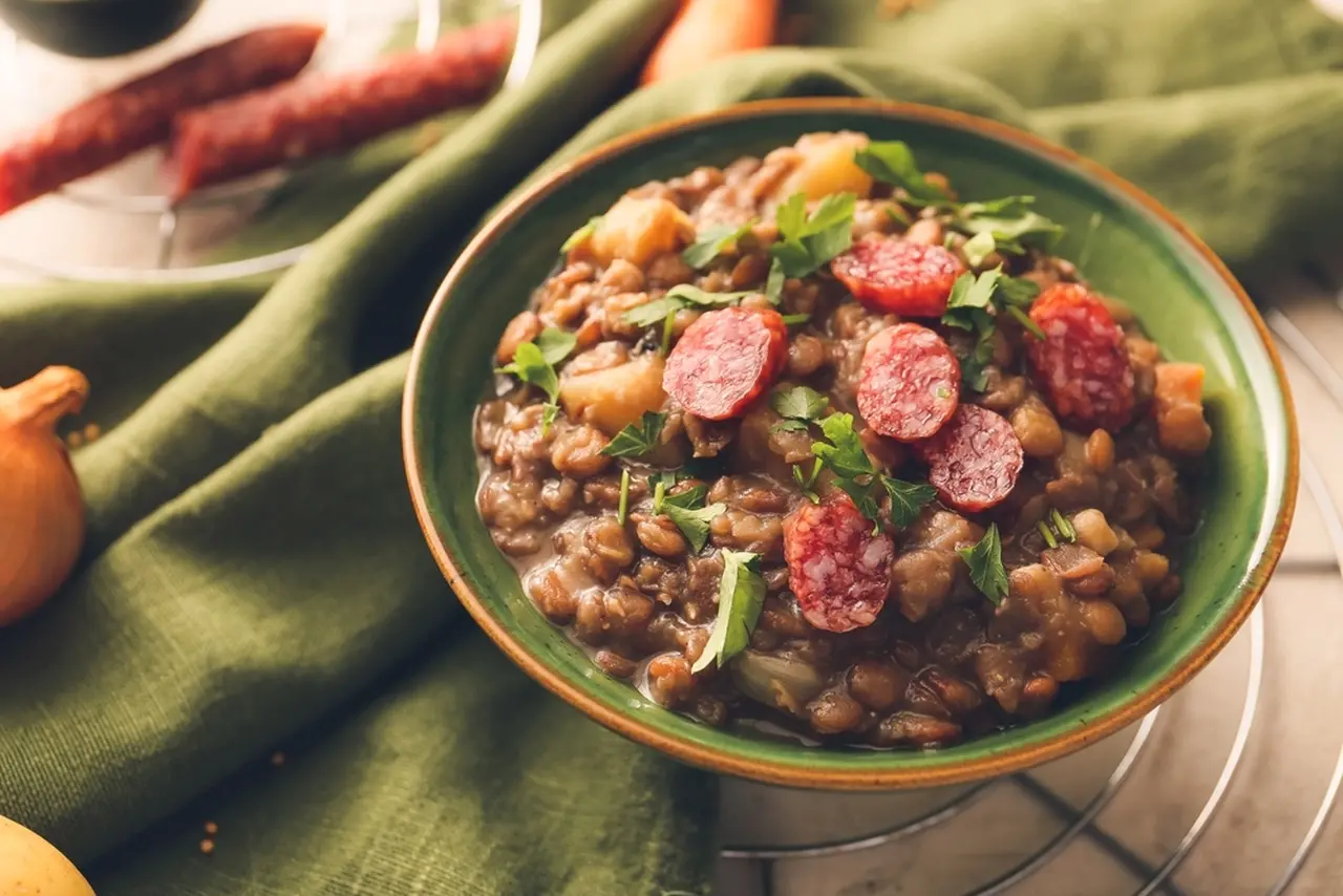Prato fundo verde com ensopado de lentilhas, decorado com fatias de linguiça e folhas de salsa fresca; ao fundo, aparecem ingredientes como linguiça e cebola sobre um pano verde.