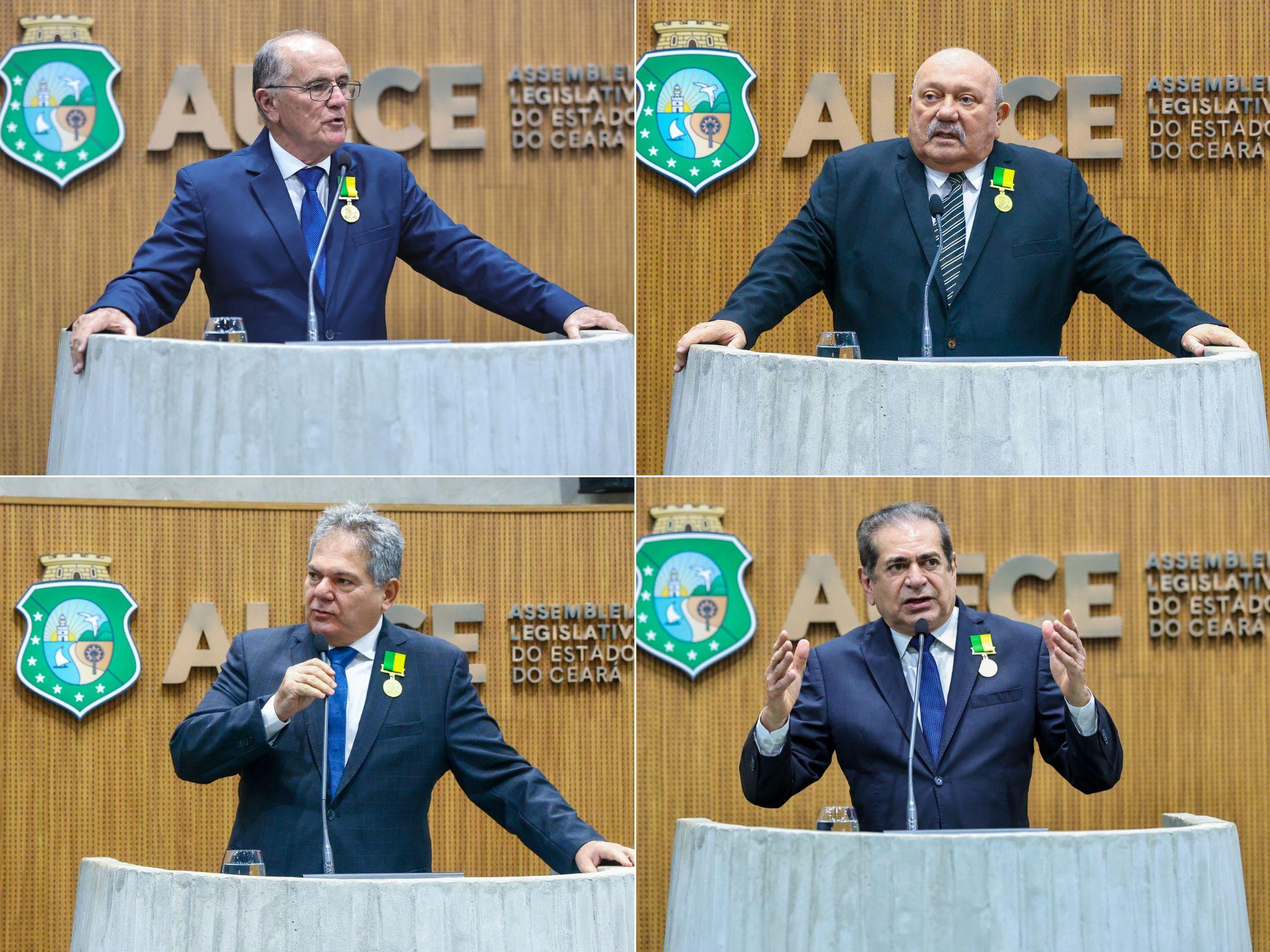 Moldura com fotos mostra Antônio Granja, Fernando Hugo, Osmar Baquit e Zezinho Albuquerque durante discursos na entrega da Medalha Paulo Sarasate da Alece.